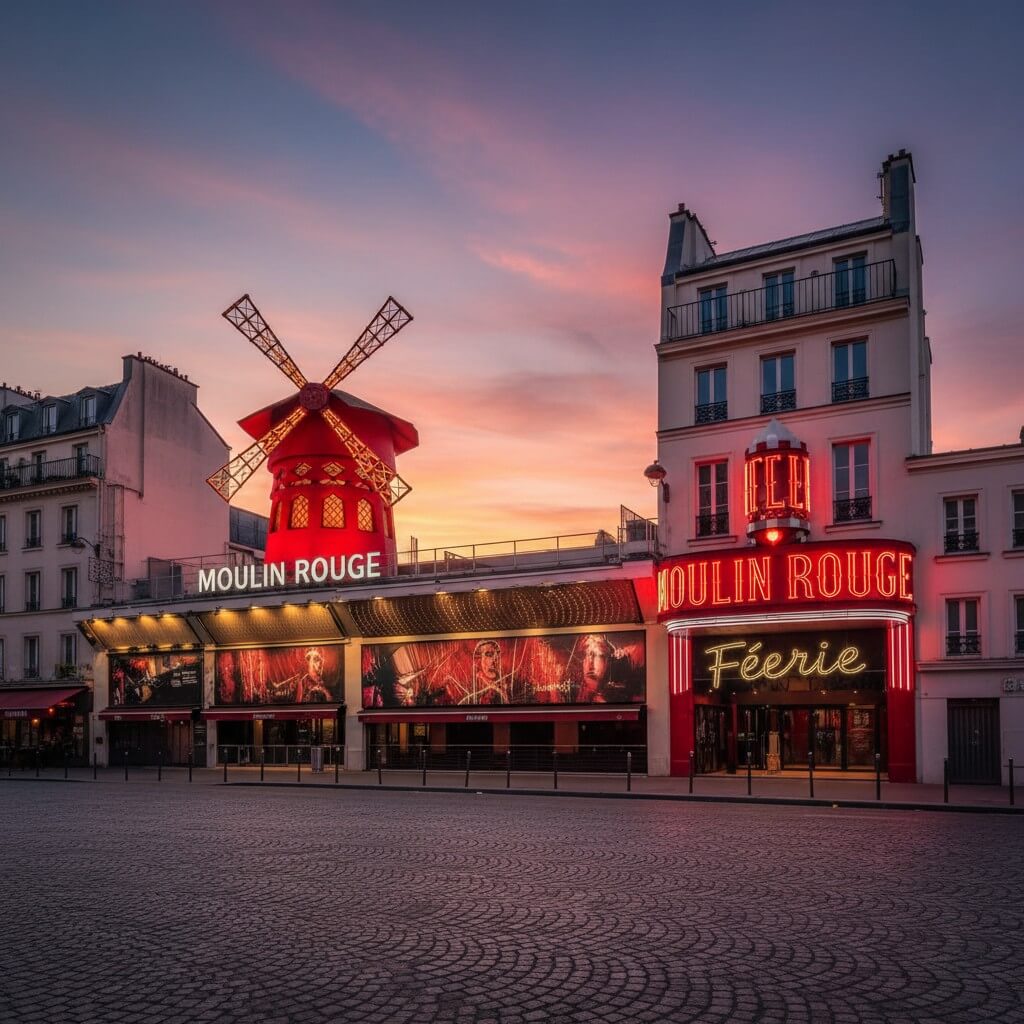 Fachada panorámica del Moulin Rouge al amanecer